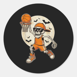 Funny Cartoon Skeleton Basketball Halloween Player Classic Round Sticker
