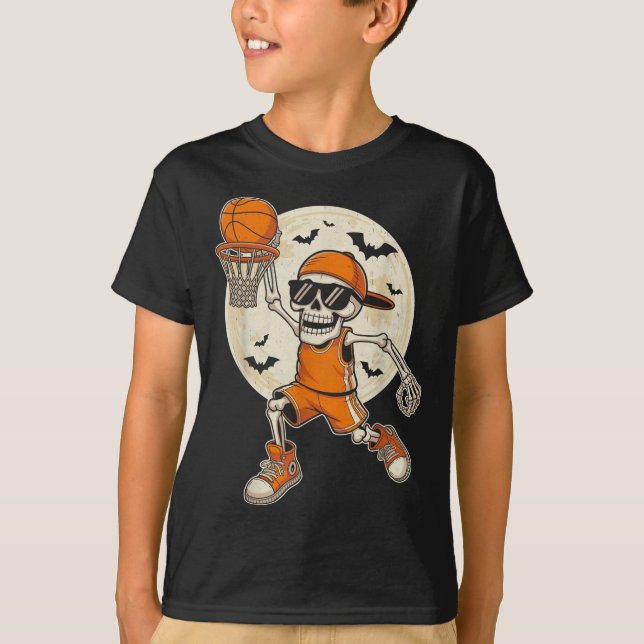 Funny Cartoon Skeleton Basketball Halloween Player T-Shirt (Front)