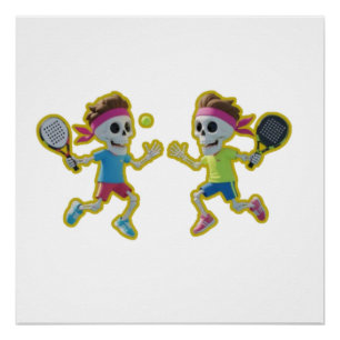 Funny Cartoon Skeletons Playing Padel Tennis – 3D  Poster