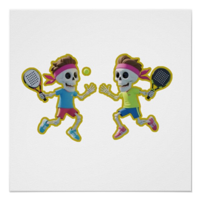 Funny Cartoon Skeletons Playing Padel Tennis – 3D  Poster (Front)