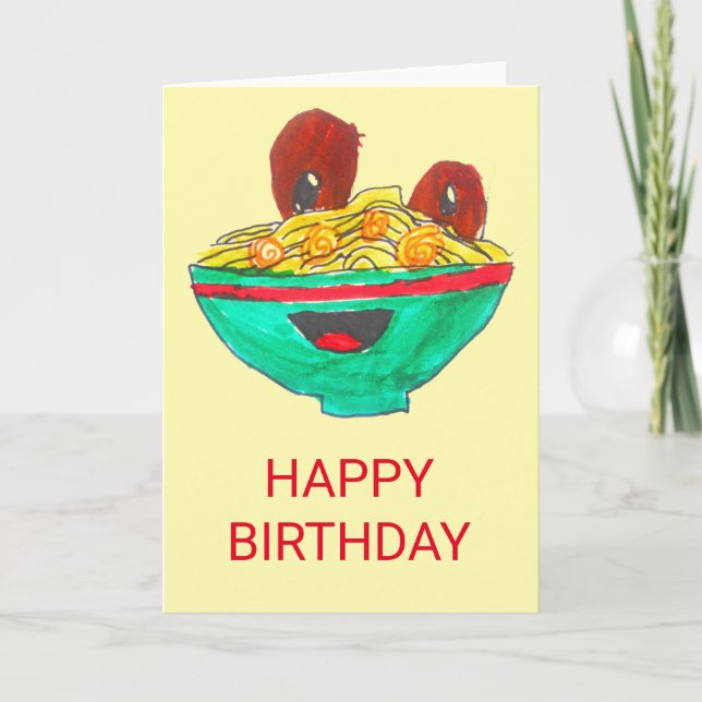 Funny cartoon spaghetti meatballs birthday card (Front)