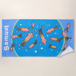 Funny cartoon squid school with blue bubbles beach towel