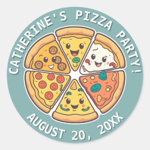 Funny cartoon style pizza party customizable classic round sticker