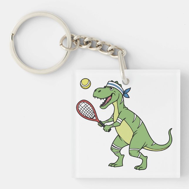  Funny Cartoon T-Rex Playing Tennis Dinosaur Key Ring (Front)