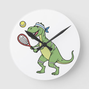 Funny Cartoon T-Rex Playing Tennis Dinosaur Round Clock