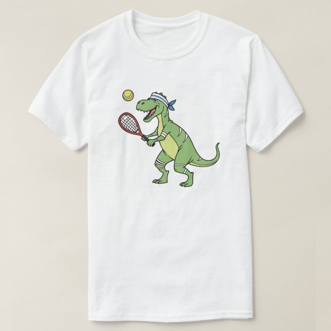  Funny Cartoon T-Rex Playing Tennis Dinosaur T-Shirt (Design Front)