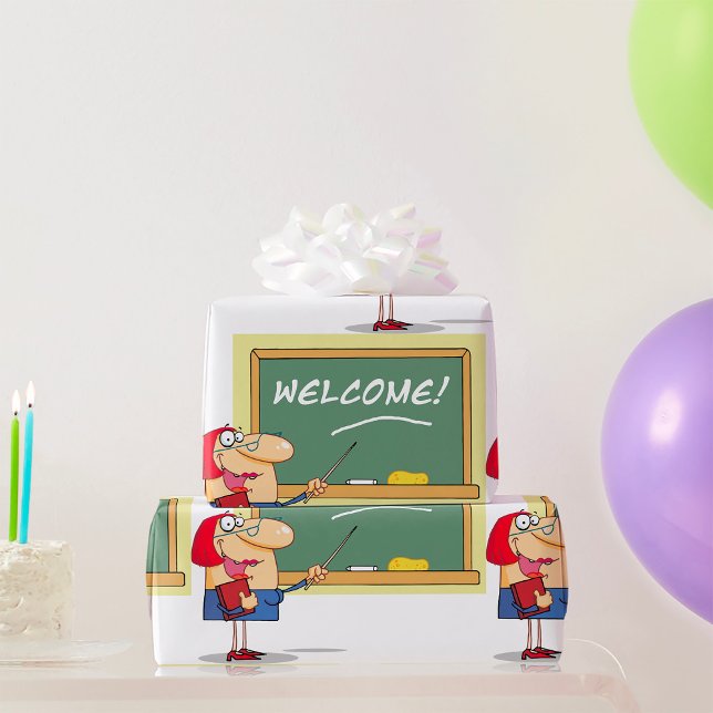 Funny Cartoon Teacher Welcome Back to School Wrapping Paper (Creator Uploaded)