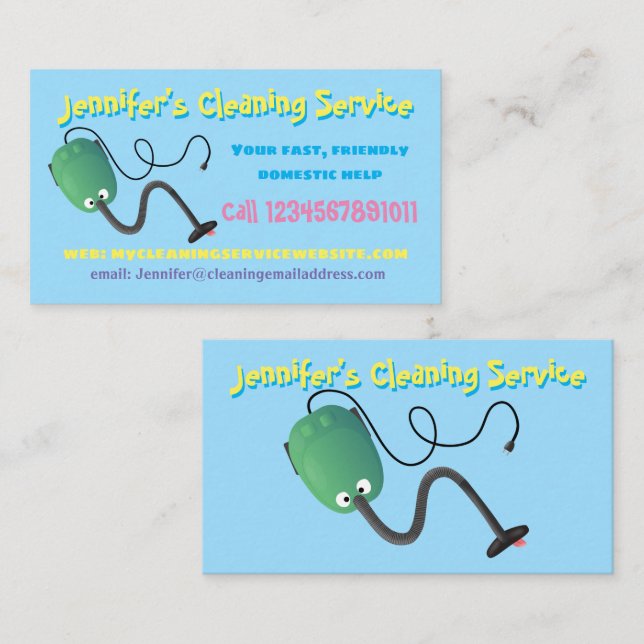 Funny cartoon vacuum cleaner domestic service business card (Front/Back)