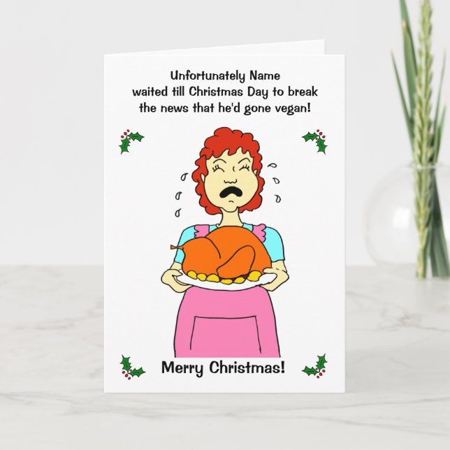 Funny Cartoon Vegan Turkey Mum Christmas Holiday Card (Front)