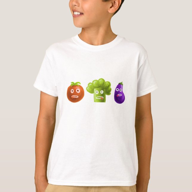 Funny Cartoon Vegetables Broccoli Tomato Eggplant T-Shirt (Front)