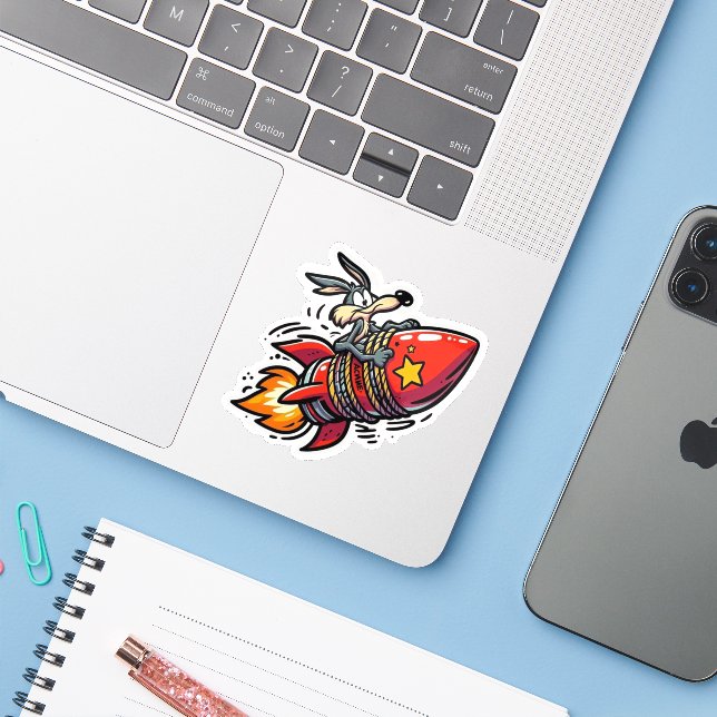 Funny Cartoon Wolf on Rocket Sticker - Retro Acme  (Laptop w/ iPhone)