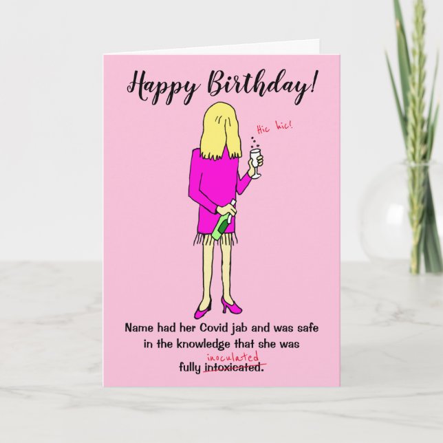 Funny Cartoon Woman Drinking Covid Jab Birthday Card (Front)