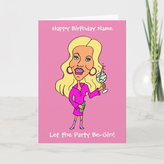 Funny Cartoon Woman Drinking Gin Blonde Birthday Card (Front)