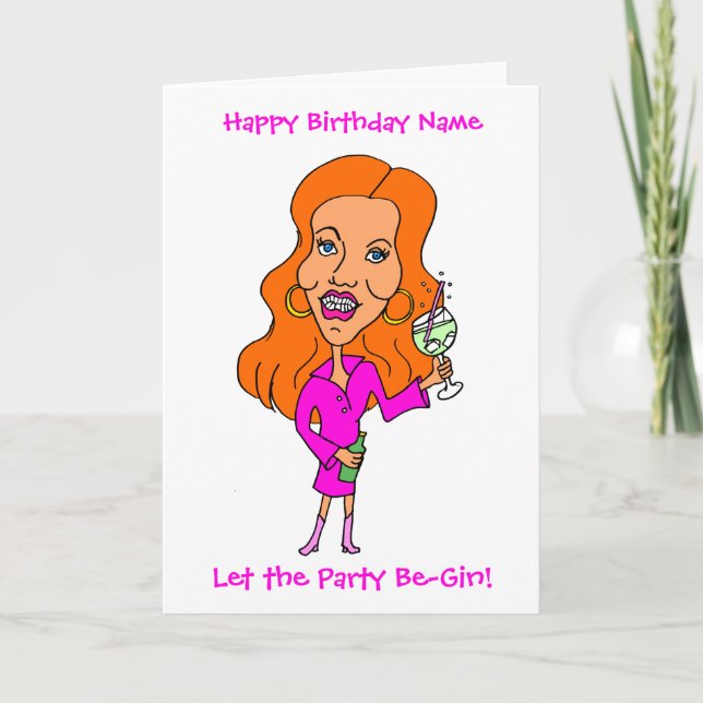 Funny Cartoon Woman Drinking Gin Redhead Birthday Card (Front)