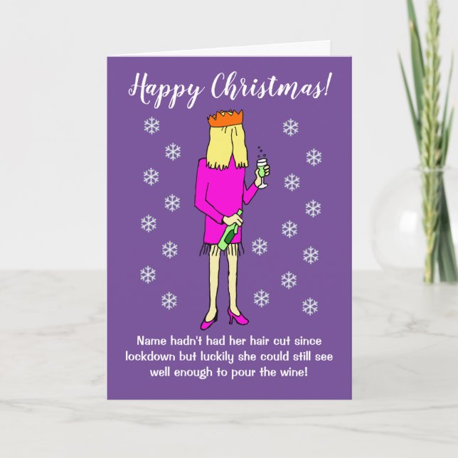 Funny Cartoon Woman Drinking Wine Christmas Card (Front)