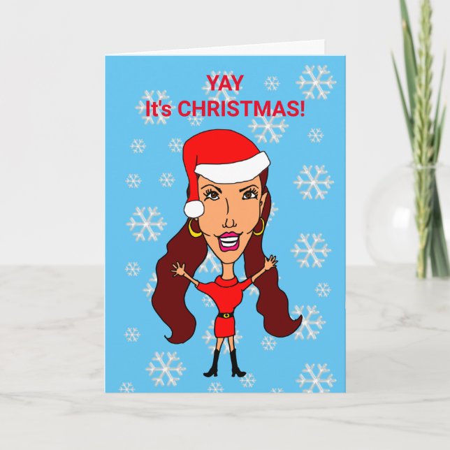 Funny Cartoon Woman Fashionista Christmas Holiday Card (Front)