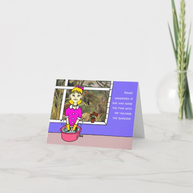 Funny Cartoon Woman Gardener Happy Birthday Card (Front)