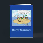 Funny Cartoon Woodturner on Deserted Island Card<br><div class="desc">This humourous design has a cartoon of a wood turner stranded on a deserted island. He has used the two coconut palm trees to fashion a treadle lathe and made bowls and plates out of them. Find out what happens when he sees a boat in the distance. This funny cartoon...</div>