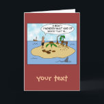 Funny Cartoon Woodturner on Deserted Island Card<br><div class="desc">This humorous design has a cartoon of a wood turner stranded on a deserted island. He has used the two coconut palm trees to fashion a treadle lathe and made bowls and plates out of them. Find out what happens when he sees a boat in the distance. This funny cartoon...</div>