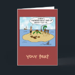 Funny Cartoon Woodturner on Deserted Island Card<br><div class="desc">This humorous design has a cartoon of a wood turner stranded on a deserted island. He has used the two coconut palm trees to fashion a treadle lathe and made bowls and plates out of them. Find out what happens when he sees a boat in the distance. This funny cartoon...</div>