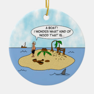 Funny Cartoon Woodturner on Deserted Island Ceramic Tree Decoration