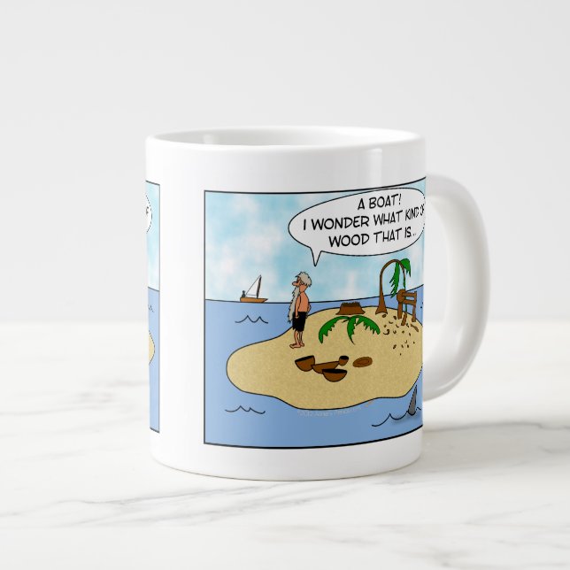 Funny Cartoon Woodturner on Deserted Island Large Coffee Mug (Front Right)