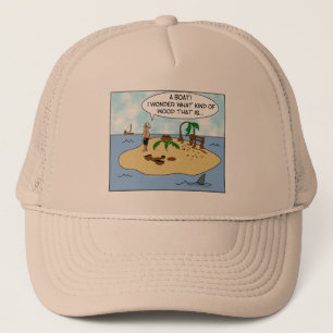 Funny Cartoon Woodturner on Deserted Island Trucker Hat