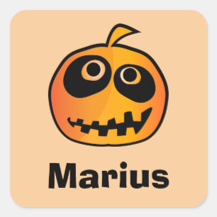 Funny Carved Orange Halloween Pumpkin Face Name Square Sticker