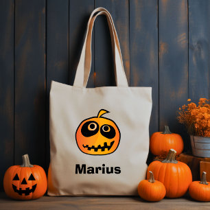Funny Carved Orange Halloween Pumpkin Face Name Tote Bag