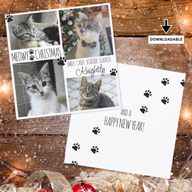 Funny Cat 4 Photo Paw Prints MEOWY CHRISTMAS Card (Creator Uploaded)