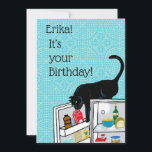 Funny Cat 9 Lives Personalised Birthday  Card<br><div class="desc">It's your birthday! Go ahead, act like it's the first of your nine lives. A wicked black cat gets the fridge open goes for the dream, I mean cream.  Turquoise tiles and detailed refrigerator content add to the charm and humour of this card. Your cat lover friends will absolutely get...</div>