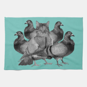 funny cat amongst the pigeons tea towel