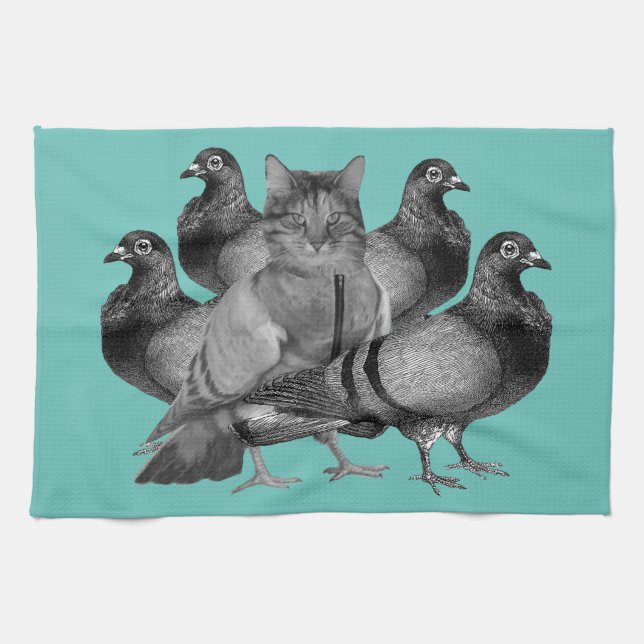 funny cat amongst the pigeons tea towel (Horizontal)