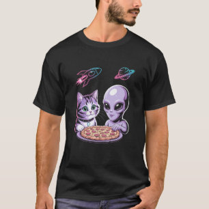 Funny Cat and Alien Sharing Pizza Space UFO for Me T-Shirt