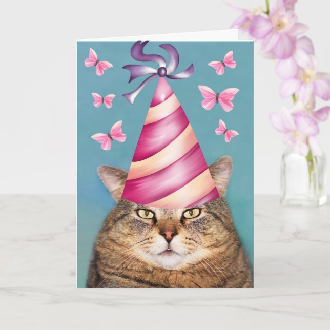 Funny Cat and Butterfly Birthday Card (Orchid)