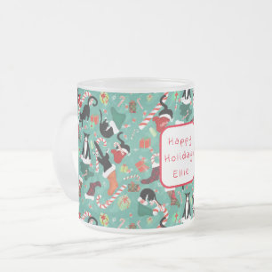 Funny Cat and Christmas Stocking Frosted Glass Coffee Mug