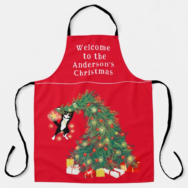 Funny Cat and Christmas Tree Personalised Red  Apron (Front)