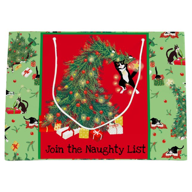 Funny Cat and Christmas Tree Trouble Custom Green Large Gift Bag (Front)
