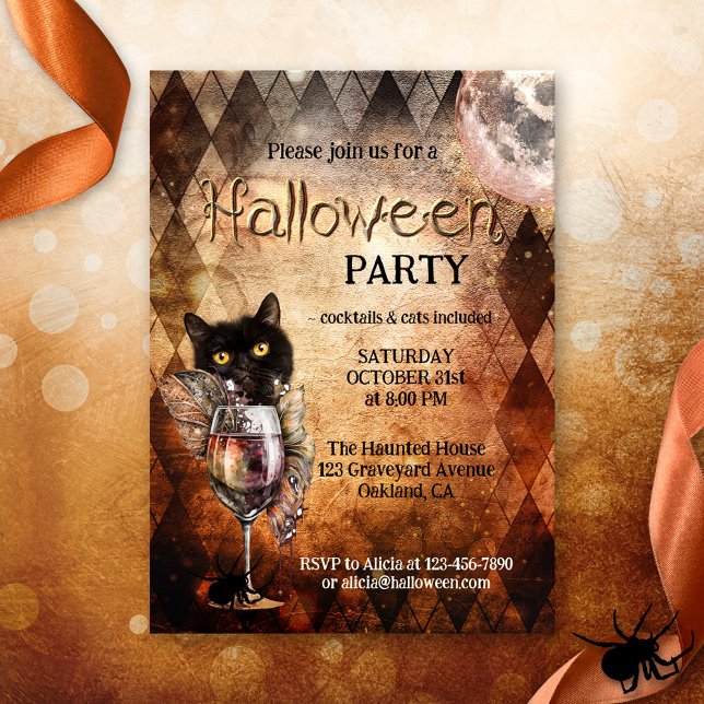 Funny Cat and Cocktail Halloween Party Invitation (Funny Halloween party invitation featuring a cute black cat with booze and witch feathers)