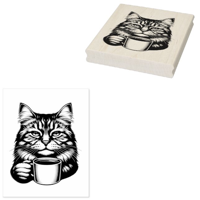 Funny Cat and Coffee Rubber Stamp (Stamped)
