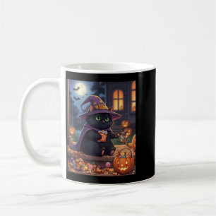 Funny Cat And Cute Mouse Halloween Pumpkin Black Coffee Mug