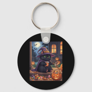Funny Cat And Cute Mouse Halloween Pumpkin Black Key Ring