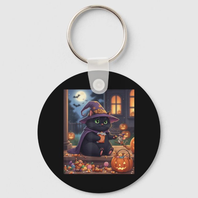 Funny Cat And Cute Mouse Halloween Pumpkin Black Key Ring (Front)