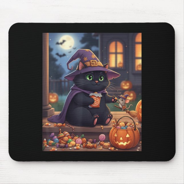 Funny Cat And Cute Mouse Halloween Pumpkin Black Mat (Front)