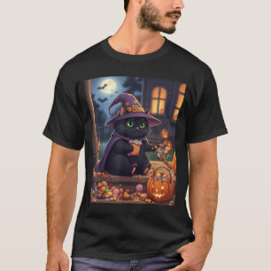 Funny Cat And Cute Mouse Halloween Pumpkin Black T-Shirt