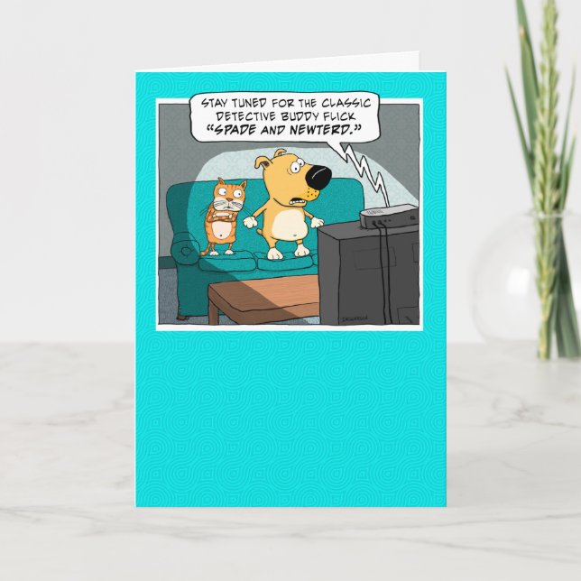 Funny Cat and Dog on Couch Birthday Card (Front)