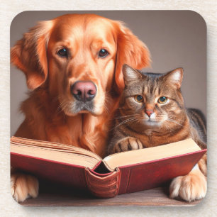 funny cat and dog reading a book coaster