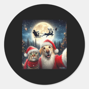 Funny Cat And Dog Selfie With Santa Claus Christma Classic Round Sticker