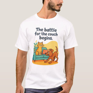 Funny Cat and Dog T-Shirt – Battle for the Couch 