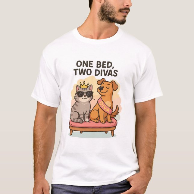 Funny Cat and Dog T-Shirt – One Bed, Two Divas (Front)